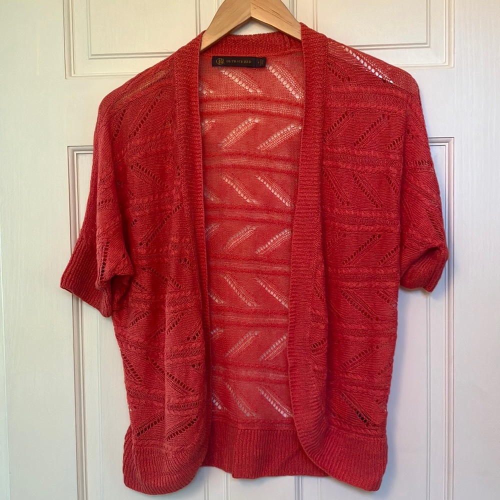 Outback Red Linen Open Weave Lightweight Cardigan Short Sleeve Summer Sw…